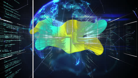Animation-of-green-and-yellow-stain-over-connections-and-globe-on-black-background