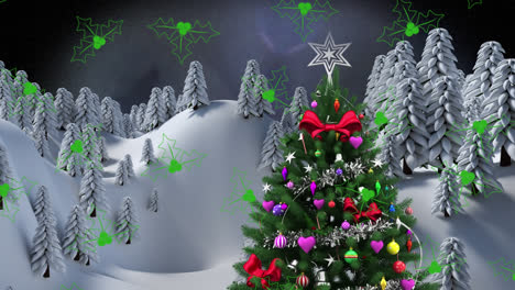 Mistletoe-icons-over-christmas-tree-on-winter-landscape-against-spots-of-light-on-black-background