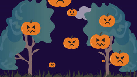 Animation-of-pumpkins-moving-over-dark-blue-background-with-trees
