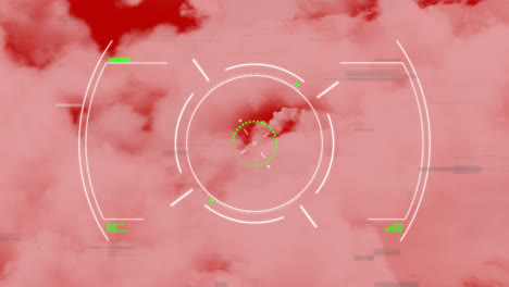 Animation-of-scope-and-data-processing-with-clouds-on-red-background