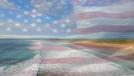 Animation-Der-Flagge-Der-USA,-Die-über-Die-Strandlandschaft-Weht
