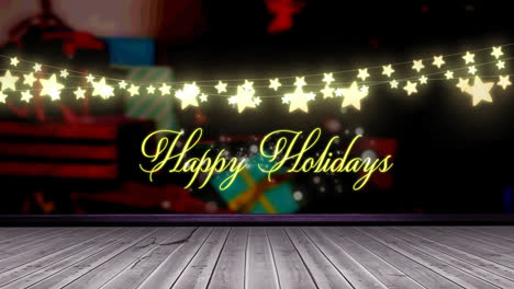 Happy-holidays-text-and-glowing-yellow-star-shaped-fairy-light-decoration-over-wooden-plank