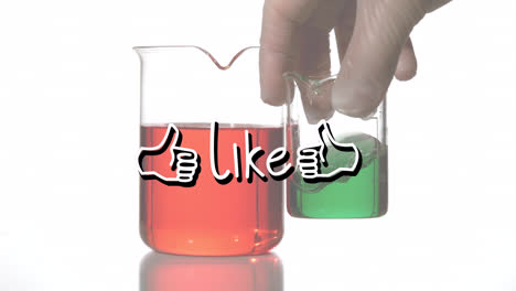 Animation-of-like-text-over-beakers-with-liquid-on-white-background
