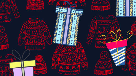 Animation-of-presents-falling-over-sweaters-and-caps-at-christmas