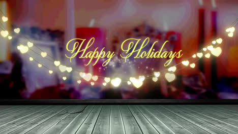 Felices-Fiestas,-Texto-Y-Decoración-De-Luces-De-Hadas-En-Forma-De-Corazón-De-Color-Amarillo-Brillante-Sobre-Una-Tabla-De-Madera