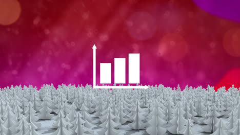 Bar-graph-icon-over-multiple-trees-on-winter-landscape-against-spots-of-light-on-pink-background