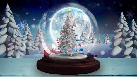Snowflakes-and-shooting-star-spinning-around-christmas-tree-in-a-snow-globe-on-winter-landscape
