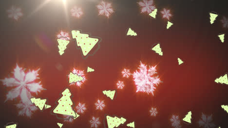 Animation-Von-Weihnachtsbäumen-Und-Schnee,-Der-Auf-Rotem-Hintergrund-Fällt