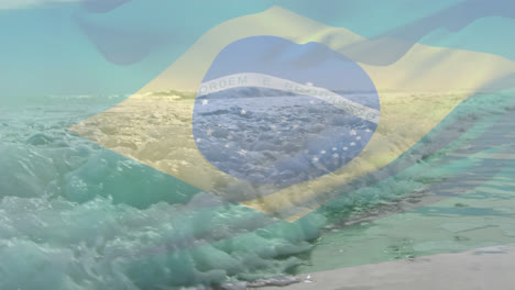Animación-De-La-Bandera-De-Brasil-Ondeando-Sobre-El-Paisaje-Marino.