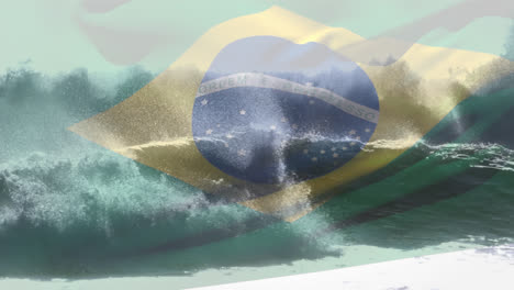 Digital-composition-of-waving-brazil-flag-against-waves-in-the-sea