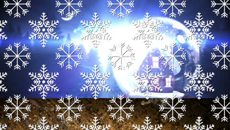 Snowflakes-icons-in-seamless-pattern-against-house-in-a-snow-globe-on-winter-landscape