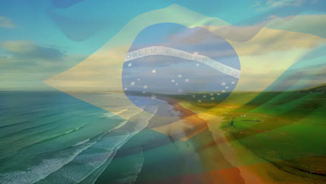 Digitale-Komposition-Der-Wehenden-Brasilianischen-Flagge-Vor-Der-Luftaufnahme-Von-Strand--Und-Meereswellen