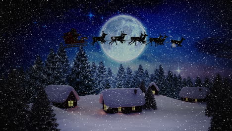Animation-Von-Weihnachtsmannschlitten-Und-Fallendem-Schnee-In-Der-Nächtlichen-Winterlandschaft