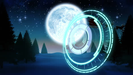 Round-neon-scanner-against-santa-claus-in-sleigh-being-pulled-by-reindeers-against-night-sky