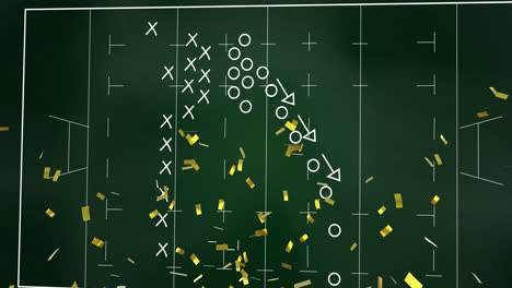 Animation-of-confetti-falling,-sports-tactics-over-rugby-field-on-chalkboard-background