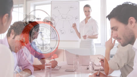 Animation-of-clock-over-diverse-business-people-at-meeting