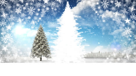Snow-falling-over-christmas-tree-on-winter-landscape-against-clouds-in-the-sky