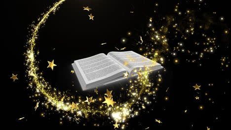 Animation-of-glowing-stars-and-shooting-star-over-open-book-on-black-background