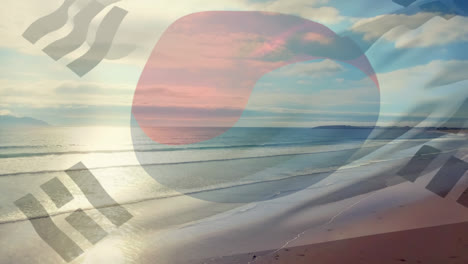 Digitale-Komposition-Aus-Wehender-Südkoreanischer-Flagge-Vor-Der-Luftaufnahme-Von-Strand-Und-Meereswellen