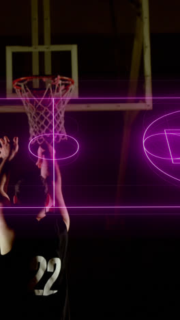 Neon-basketball-court-layout-against-african-american-male-basketball-player-practicing-basketball