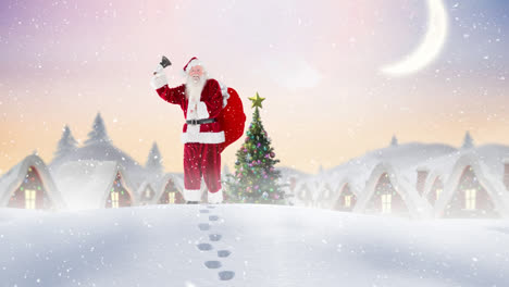 Schnee-Fällt-über-Den-Weihnachtsmann,-Der-Eine-Weihnachtsglocke-In-Der-Winterlandschaft-Hält