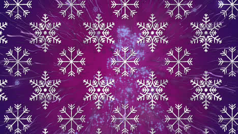 Animation-of-snow-falling-over-firework-on-purple-background