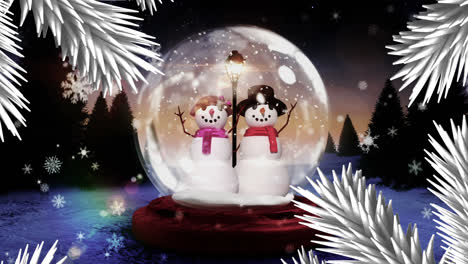 Animation-of-fir-tree-branches-over-christmas-snow-globe-in-winter-scenery