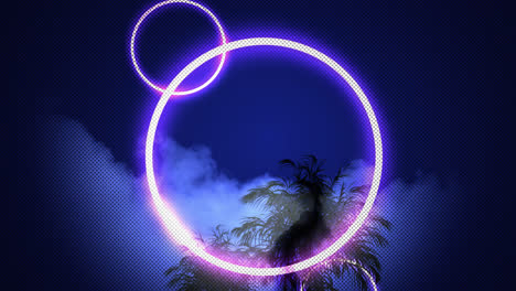 Animation-of-pink-neon-circles-over-black-palm-tree,-on-dark-blue-cloudy-sky