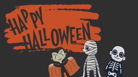 Animation-of-halloween-greetings-and-characters-on-orange-and-brown-background