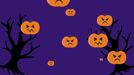 Animation-Von-Kürbissen,-Die-Sich-über-Einen-Violetten-Hintergrund-Mit-Bäumen-Bewegen