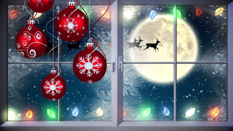 Animation-Eines-Fensters-über-Weihnachtskugeln-Und-Weihnachtsmann-Im-Schlitten-Mit-Rentieren,-Die-über-Den-Mond-Fahren