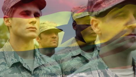 Animación-De-La-Bandera-De-Ghana-Ondeando-Sobre-Diversos-Soldados.