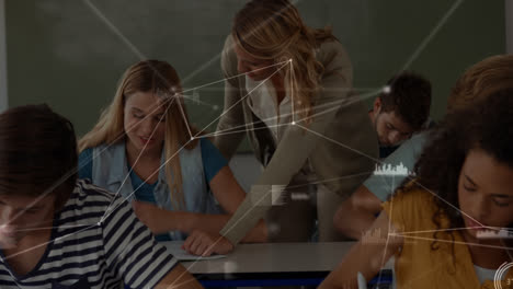 Animation-of-data-and-connections-over-diverse-teacher-and-students-at-school
