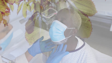 Composite-of-doctor-and-senior-african-american-male-patient-in-face-mask,-and-leaves-in-sun