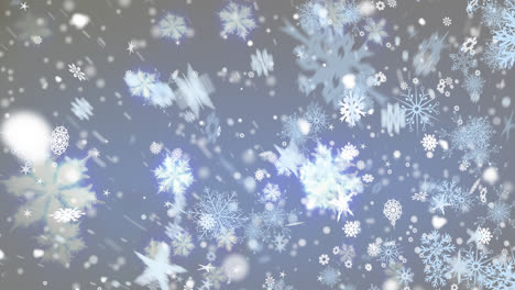 Animación-Digital-De-Nieve-Cayendo-Contra-Múltiples-Iconos-De-Copos-De-Nieve-Sobre-Fondo-Azul