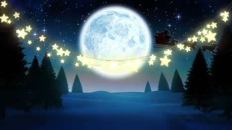 Animation-of-christmas-lights-and-santa-sleigh-in-night-winter-landscape