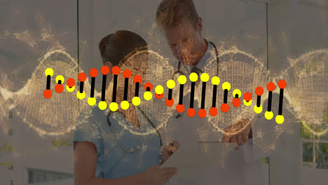 Animation-of-data-processing-and-dna-strand-spinning-over-diverse-doctors