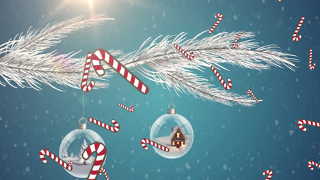 Animation-Von-Schnee-Zuckerstangen,-Die-über-Weihnachtsdekorationen-Fallen