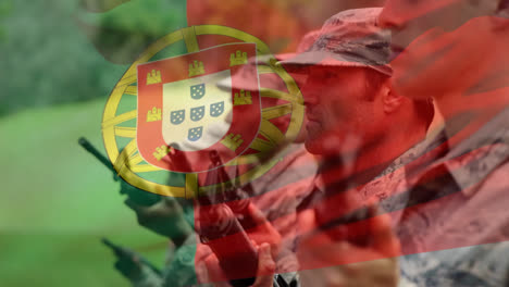 Animation-of-flag-of-portugal-waving-over-caucasian-soldiers