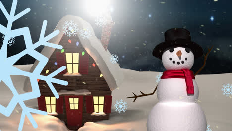Animation-of-falling-snowflakes-over-snowman-and-winter-landscape