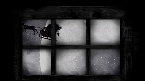 Animation-of-santa-claus-in-sleigh-with-reindeer-seen-through-window