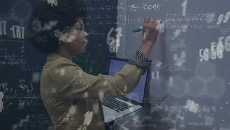 Animation-of-mathematical-equations-over-african-american-businesswoman-taking-notes