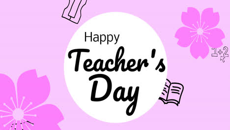 Animation-of-happy-teacher's-day-text-over-school-items-icons-on-pink-background