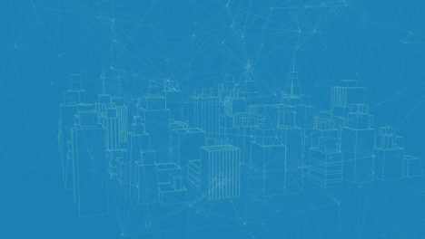Animation-Eines-Netzwerks-Von-Verbindungen-über-Einem-3D-Stadtbild,-Das-Sich-Auf-Blauem-Hintergrund-Dreht