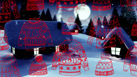 Weihnachtspullover-Und-Beanie-Symbole-Im-Nahtlosen-Muster-Gegen-Schnee,-Der-über-Die-Winterlandschaft-Fällt