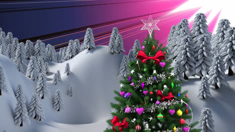 Animation-of-winter-land-scape-and-christmas-decoration-over-purple-glowing-rays