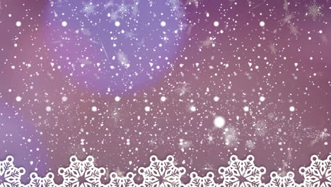 Digital-animation-of-snow-falling-against-snowflakes-icons-and-spot-of-light-on-purple-background