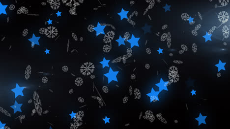 Animation-Von-Schnee,-Der-über-Blau-Leuchtende-Sterne-Fällt