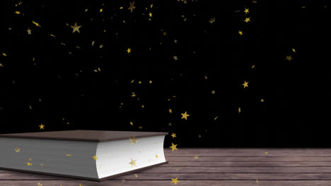 Animation-of-gold-stars-falling-over-book-on-wooden-surface