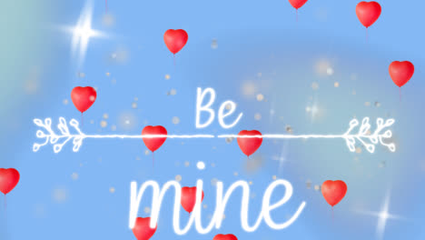 Animation-of-hearts-floating-over-blue-background-with-stars-and-be-mine-text